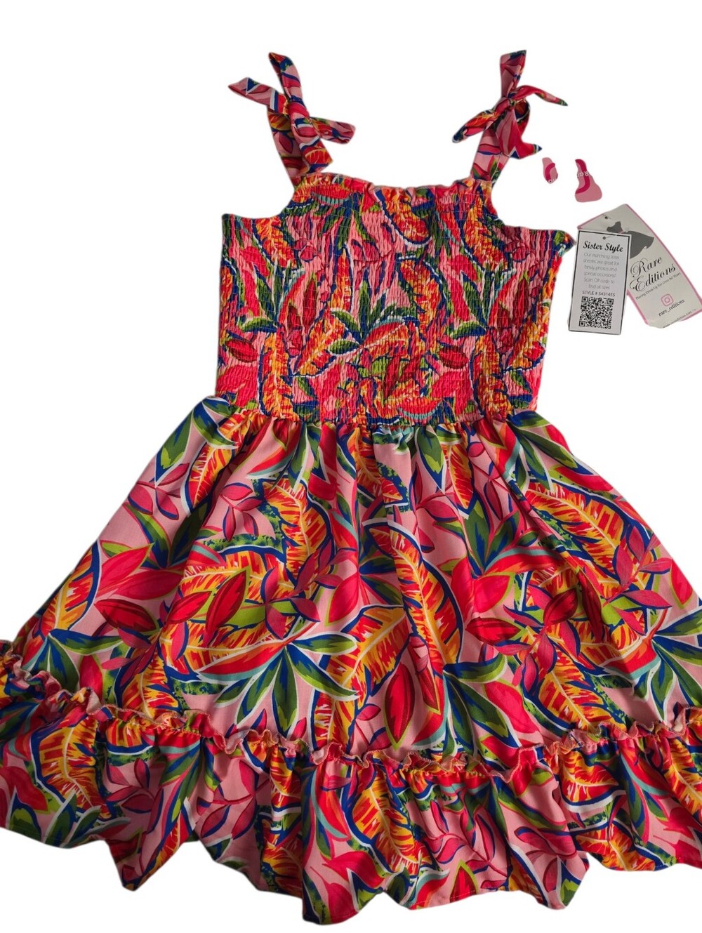 Rare Editions Pink Tropical Tie-Shoulder Smocked Sundress